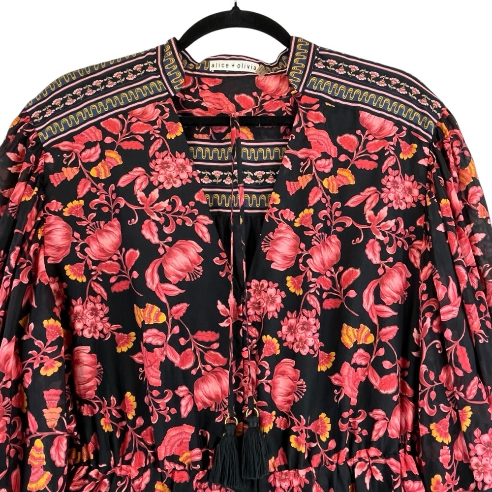 Alice + Olivia Black Floral Mini Dress with Pink and Gold Border - Picture 7 of 16